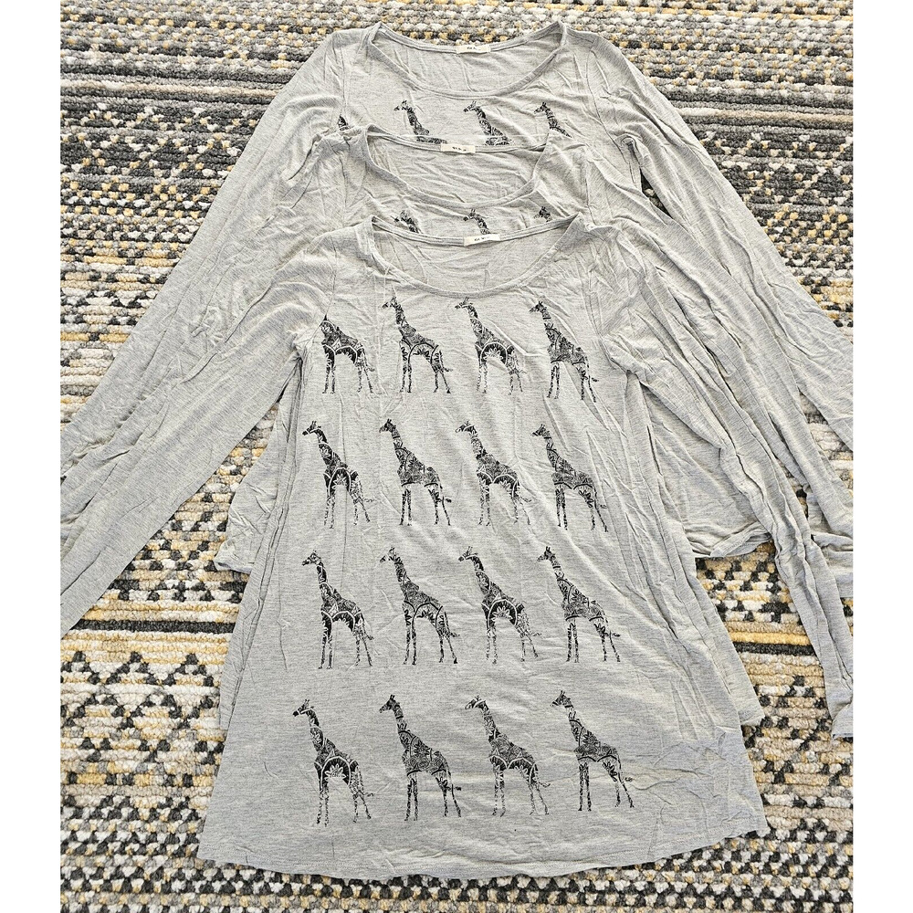 Mon Ami USA (3 Pack) Women's Size Large Long Sleeve Gray Giraffe Tunic Top Shirt